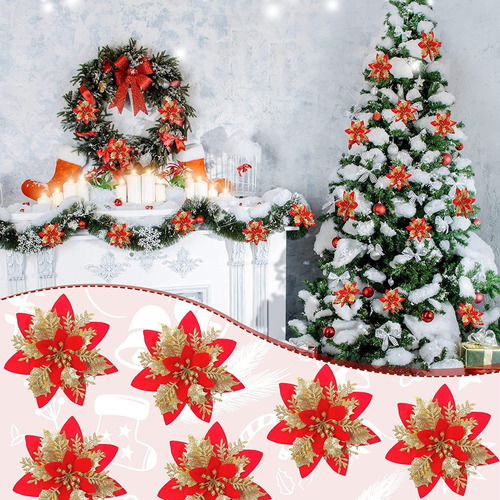 50 Flores De Navidad Con Purpurina Artificial Rojo Plateados