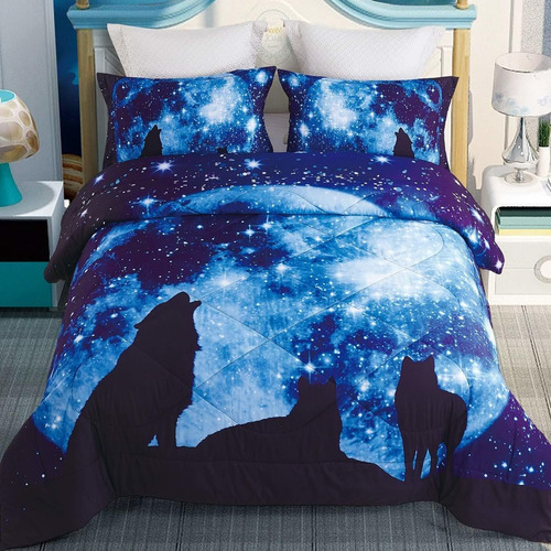 Decmay 3d Galaxy Wolf Bedding Twin Wolf Blue Moonlight 3 Pie