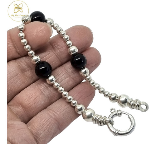 Imagen 4 de 7 de Pulsera Plata Bolitas Y Piedras Naturales Negras X 20cm
