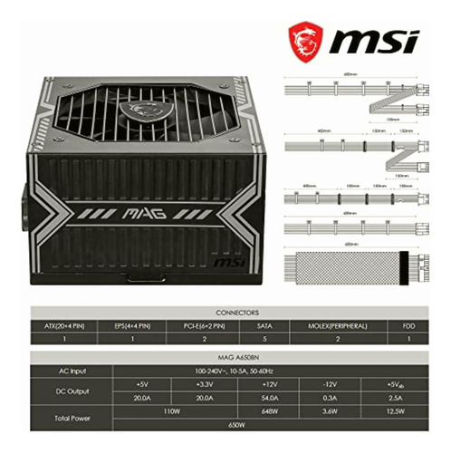 Msi Fuente De Poder Mag A650bn/650w/80+ Bronce/120mm/atx