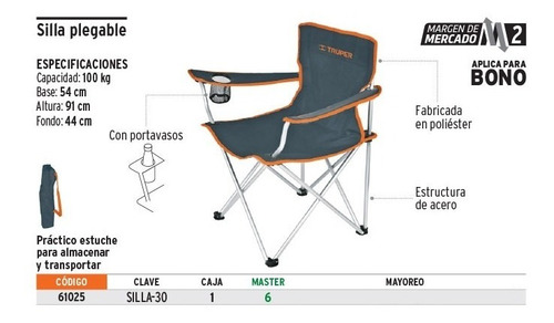 Imagen 2 de 3 de Silla Plegable Truper - Playa, Camping Con Funda