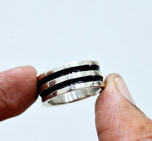Anillo De Plata 925 Lineas Esmaltadas Hombre Ancho 10mm Negro 21