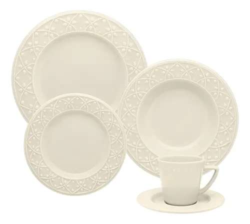 Aparelho De Jantar E Chá 30 Peças Mendi Marfim Oxford Cor Branco Off ​White Liso Com Textura