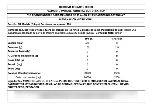 Creatine Monohydrate 500gr Ostrovit Sabor Sin Sabor En Polvo