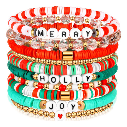 Juego De 10 Pulseras Navideñas Heishi Surfer Pulsera Elástic