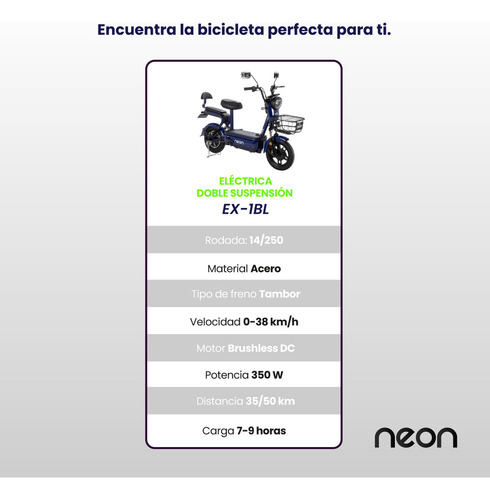 Bicicleta Eléctrica Neon EX-1R 350w acero 150kg canastilla 50km color azul oscuro