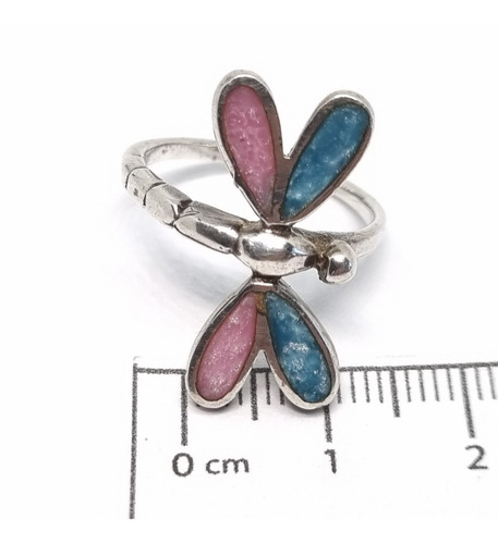 Imagen 4 de 6 de Anillo Plata Libelula Celeste Y Rosa
