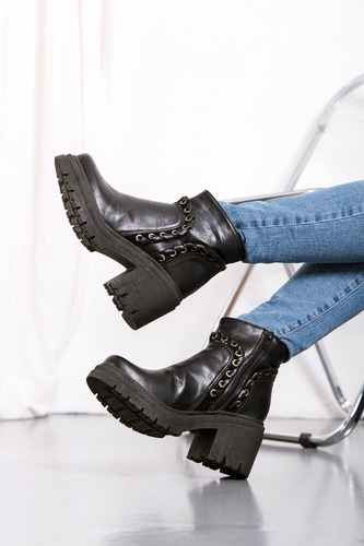 Botas Mujer Botinetas Taco Medio Ancho Eco Cuero Cierre Evi