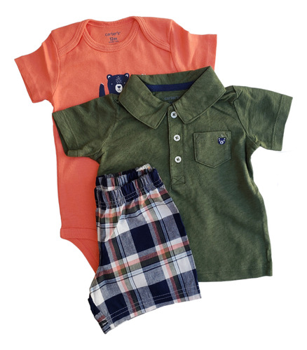 Conjunto Carters Bebe Chomba Body Short Oso Verde Naranja