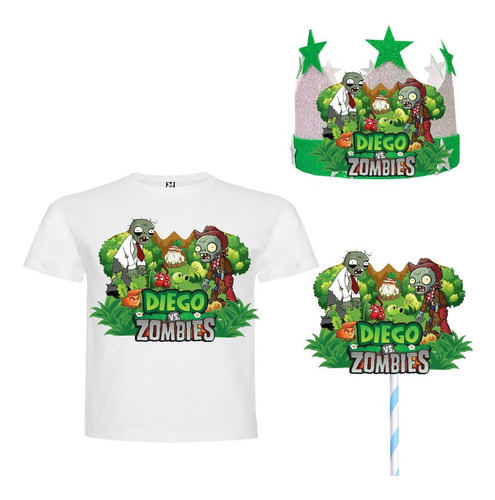 Pack Plants Vszombies - Polera Corona Topper Cumpleaño Niño