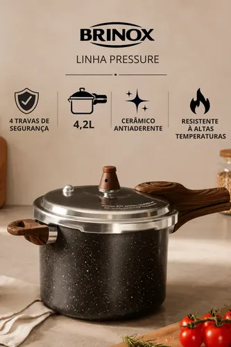 Panela de Pressão Brinox Cerâmica Antiaderente Indução ​Tampa Fechamento Externo 4,2 Litros Pressure Ceramic Life Granito A Vapor Com 4 Travas Alta Qualidade Premium Cabo Braquelite Soft Touch