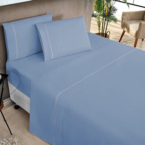 Roupa De Cama Queen Size 04 Peças Ponto Palito 100% Algodão Cor Azul Motorista