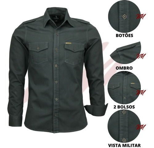 Kit 03 Camisas Masculina Slim Paris M Longa Estilo Militar