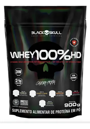 Whey 100% Hd Refil Black Skull 900g Wpc Wpi E Wph Sabor Baunilha