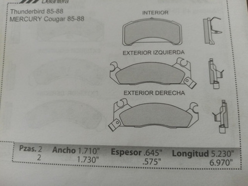 Balata Delantera Thundebird Cougar Mustang 84-88 M70x2