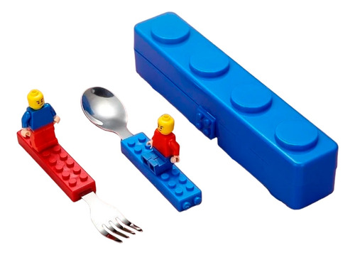 Kit X2 Cubiertos Niño Bloques Tipo Lego Cuchara Y Tenedor