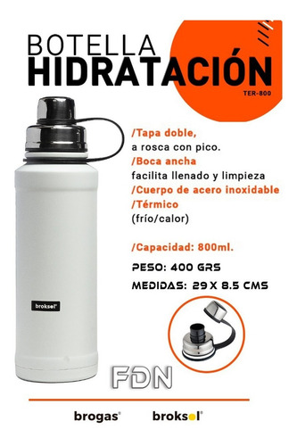 Imagen 2 de 8 de Botella Hidra Acero Inoxidable Broksol 800cc - Blanco - Fdn