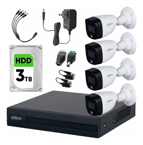 Dahua Kit de Video Vigilancia 4 Cámaras 2 Mp Full Color y 3 TB Disco Duro + Transceptores Cámaras de Seguridad con Detección de Movimiento Kit CCTV Alta Resolución