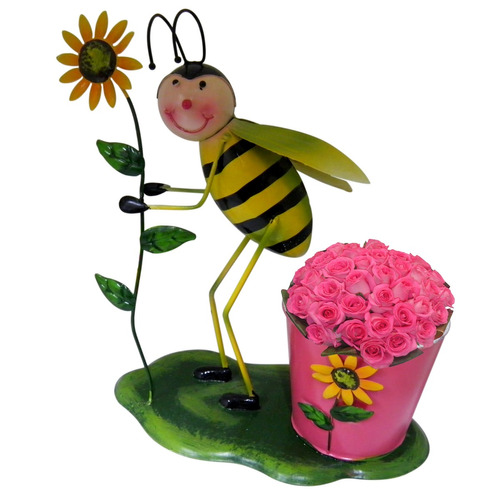 Boneco Abelha Balde Flor Rosa Enfeite Decoraçao Jardim Casa