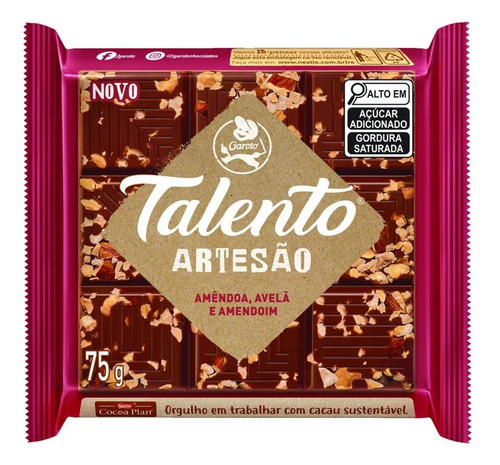 Chocolate Artesao Talento Amendoa Avela Amendoim 75g