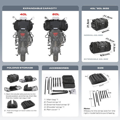 Imagen 5 de 10 de Maleta Moto Impermeable 40 - 60 L Expandible Rhinowalk