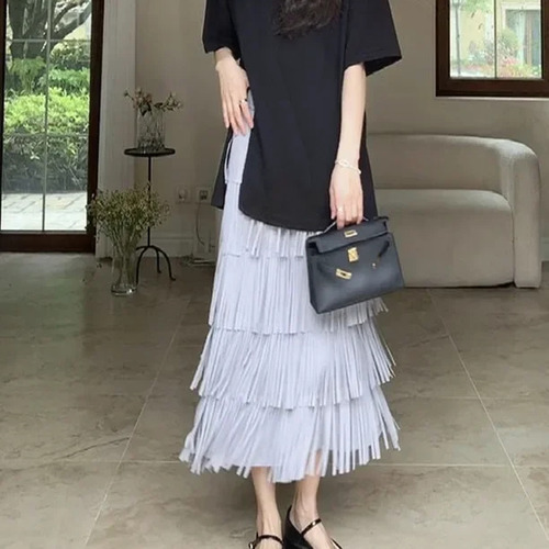 Vestido Largo Midi Con Falda Tipo Pastel Y Flecos