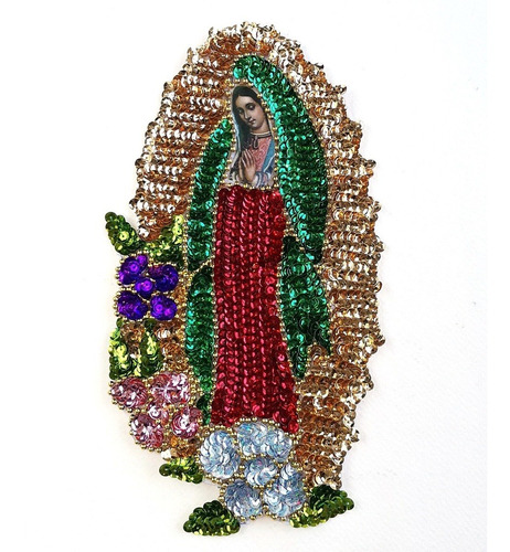 Virgen De Lentejuela Con Flores #2 25x13cm 