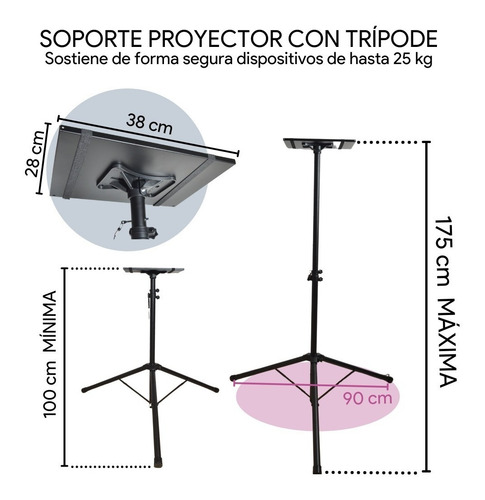 Imagen 3 de 10 de Soporte De Proyector Tripode Pie Plegable Regulable Bandeja
