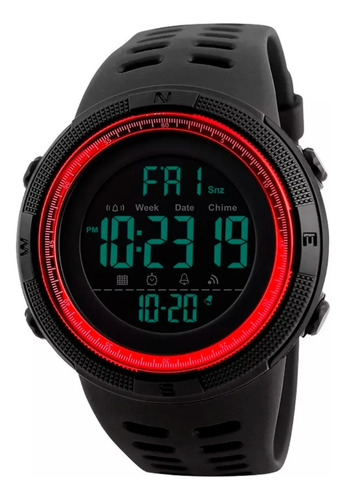 Reloj 1251 Deportivo Resistente Al Agua Digital Correa Negro Bisel Rojo Fondo Negro