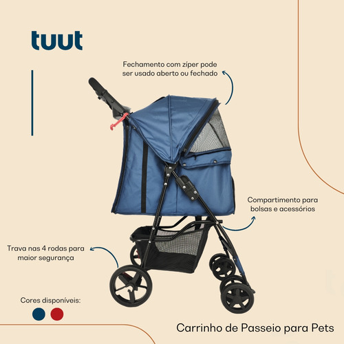 Carrinho De Passeio Para Pets Cães E Gatos Até 15kg Azul Tuut
