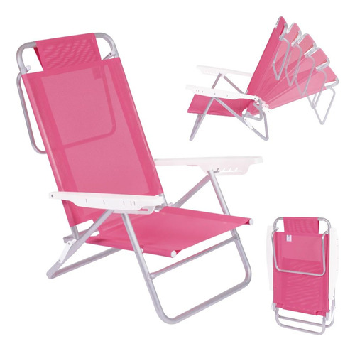 2 Cadeiras De Praia Reclinável Em Alumínio Summer Rosa