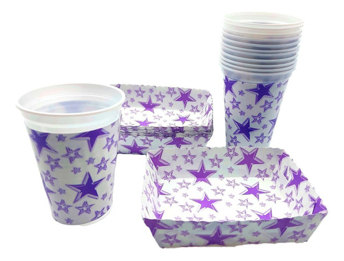 Kit Fiesta Vasos Platos Blanco Morado Estrellas X 12 Un