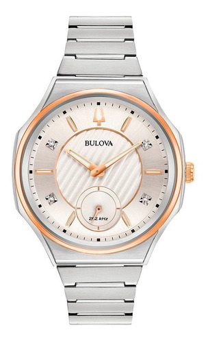 !! Reloj Bulova Curv Con 4 Diamantes 98p182 Color De La Correa Plateado Color Del Bisel Dorado Color Del Fondo Plateado