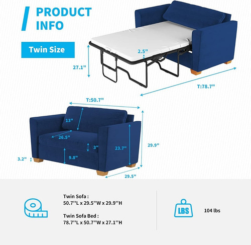 Sofa Cama Extraible 2 En 1 Individual Trciopelo Azul Mjkone
