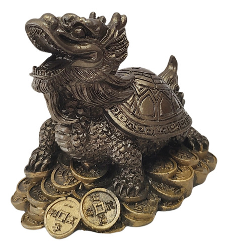 Tortuga Cabeza De Dragón Y Monedas Chinas Feng-shui Suerte