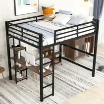 Comprar Cama Loft Matrimonial Con Escritorio Y Estantes Color Negro