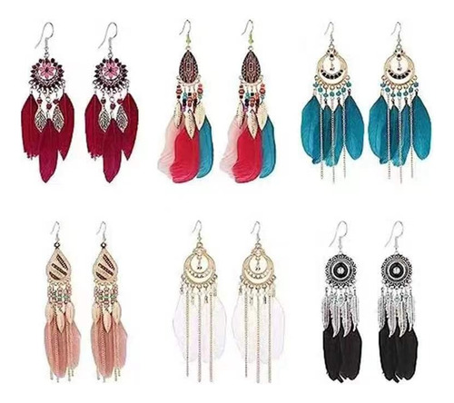 6 Aretes Colgantes Mujer Plumas Bohemios Vintage Artesanales