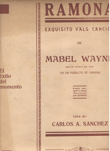 Partitura Original Del Vals Canción Ramona De Mabel Wayne