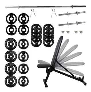 Kit Musculação C/banco + 80kg De Anilhas + Barra + Halteres