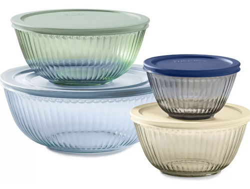 Pyrex 4 Tazones Bowl Vidrio Con Tapas Elegante Multiusos Color