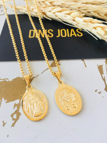 Conjunto Kit Brinco E Corrente Medalha Milagrosa Das Graças Cor Dourado