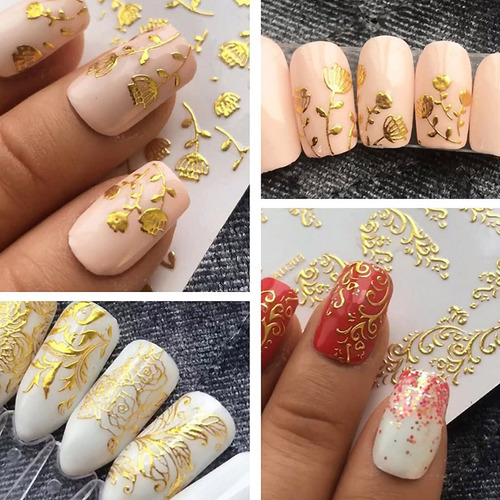 20 Hojas De Pegatinas 3d Para Uñas Con Purpurina Dorada