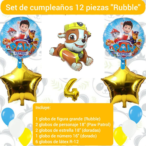 Set 12 Globos Decoración Cumpleaños Paw Patrol Rubble