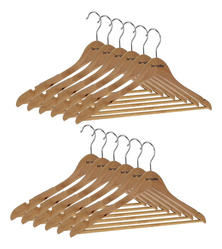 Perchas De Madera, 44cm Con Borde Antideslizante. Pack 12 Un