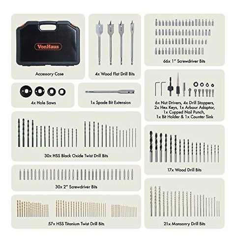 Vonhaus 246piece Taladro Y Disco De Broca Set Con Brocas Hss