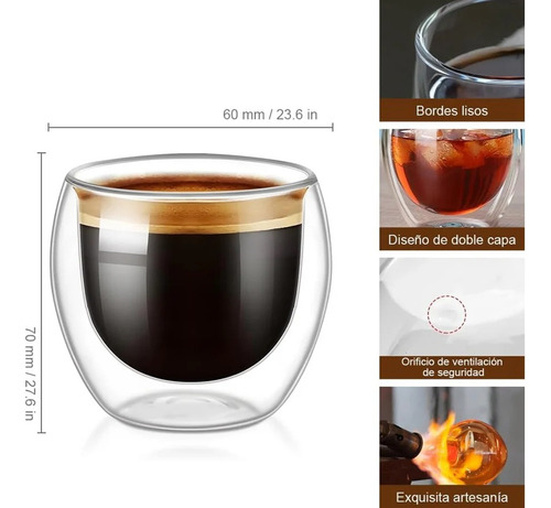Set 6 Tazas Espresso Doble Pared 80ml Frio Caliente Sin Asa Blanco