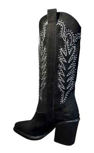 Imagen 2 de 6 de Bota Texana Alta Abraxas Cuero Gamuzado Tachas Bordada Date