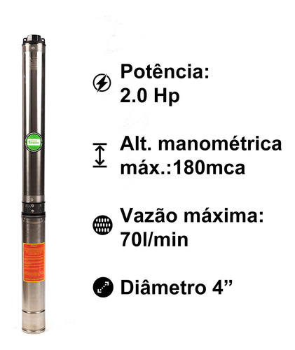 Bomba Submersa Torpedo 4 Polegada 17 Estágios 2 Hp Monofásic