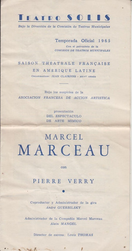 1965 Teatro Solis Programa Mimo Marcel Marceau En Montevideo