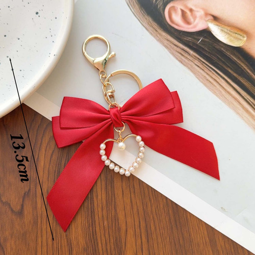 Llavero Con Lazo Rojo, Colgante De Perlas En Forma De Corazó